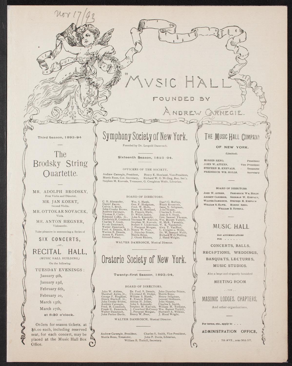 New York Philharmonic, November 17, 1893, program page 1