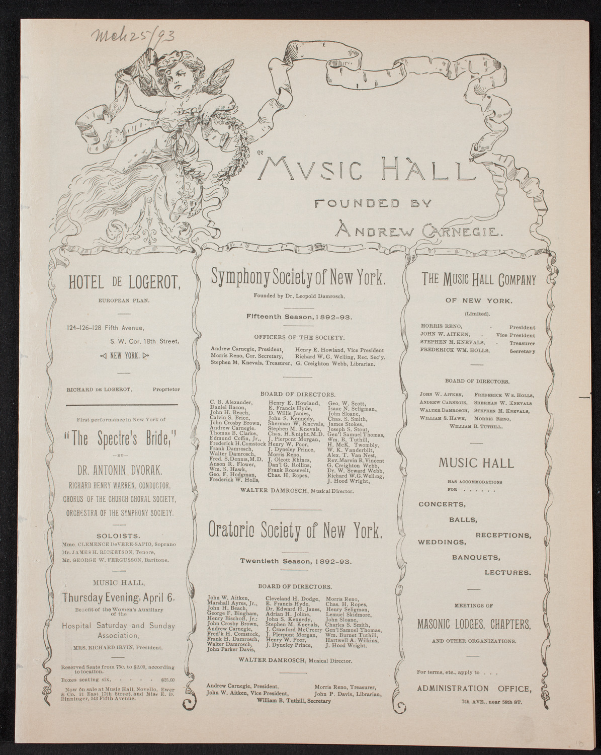 New York Philharmonic, March 25, 1893, program page 1