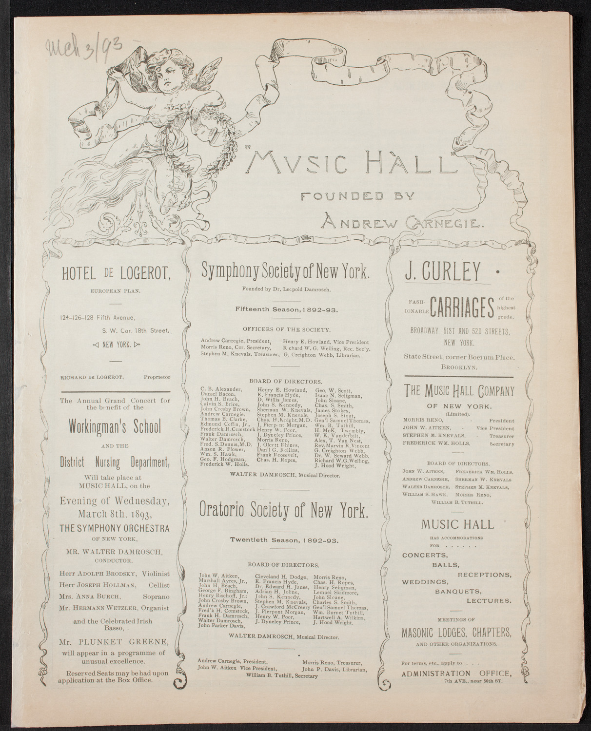 New York Philharmonic Public Rehearsal, March 3, 1893, program page 1