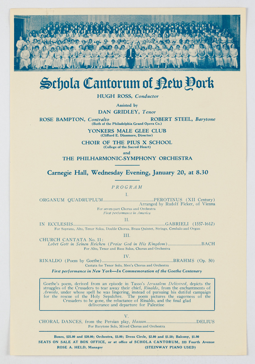 Schola Cantorum of New York, January 20, 1914