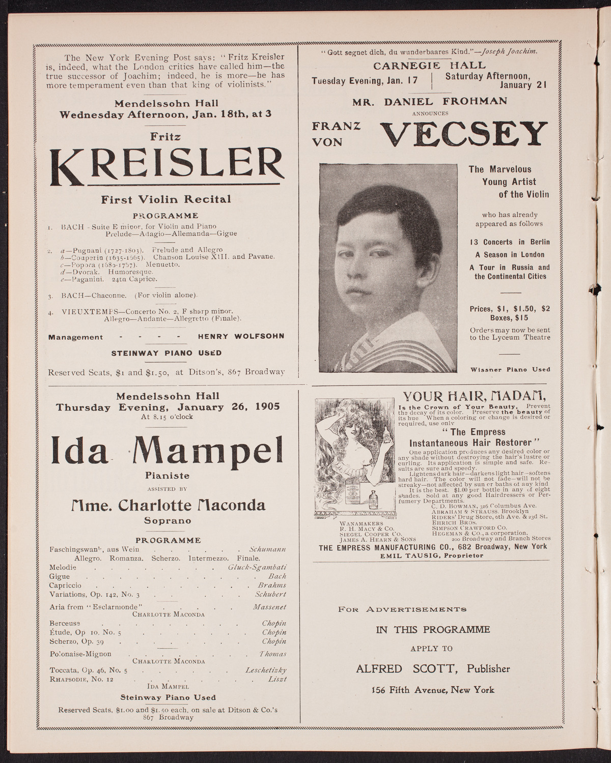 Eugène Ysaÿe, Violin, with the New York Symphony Orchestra, January 15, 1905, program page 10