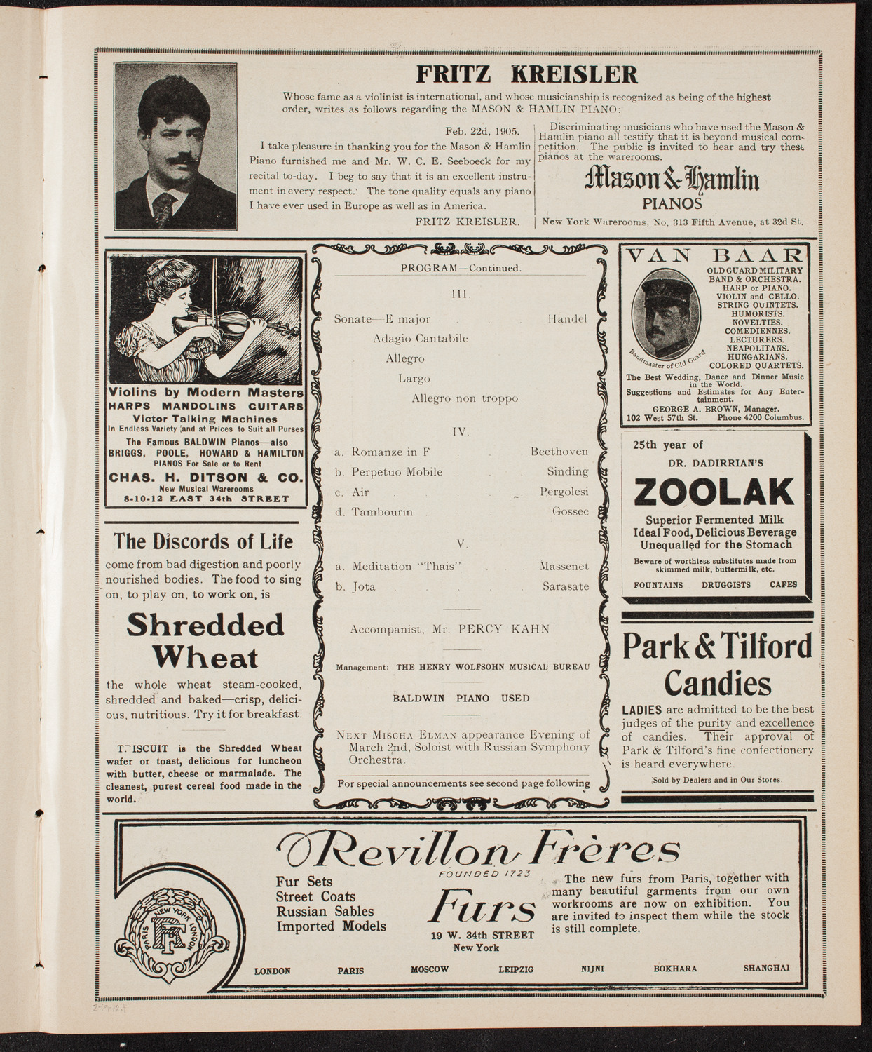 Mischa Elman, Violin, February 19, 1910, program page 7