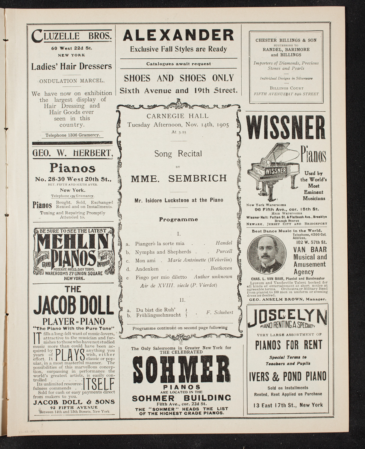 Marcella Sembrich, Soprano, November 14, 1905, program page 5