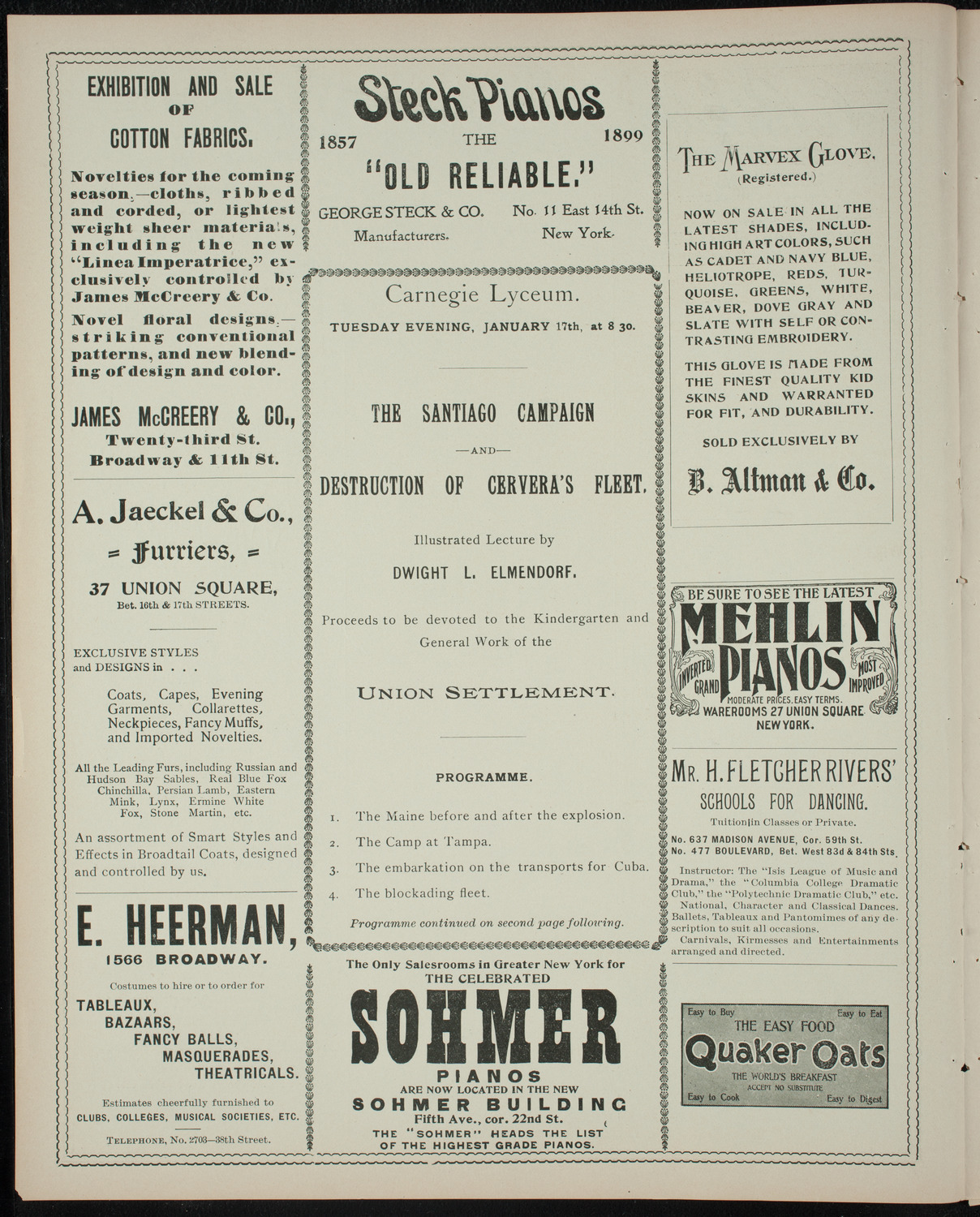 Elmendorf Lecture: The Santiago Campaign and Destruction of Cervera's Fleet (Benefit: Union Settlement), January 17, 1899, program page 2