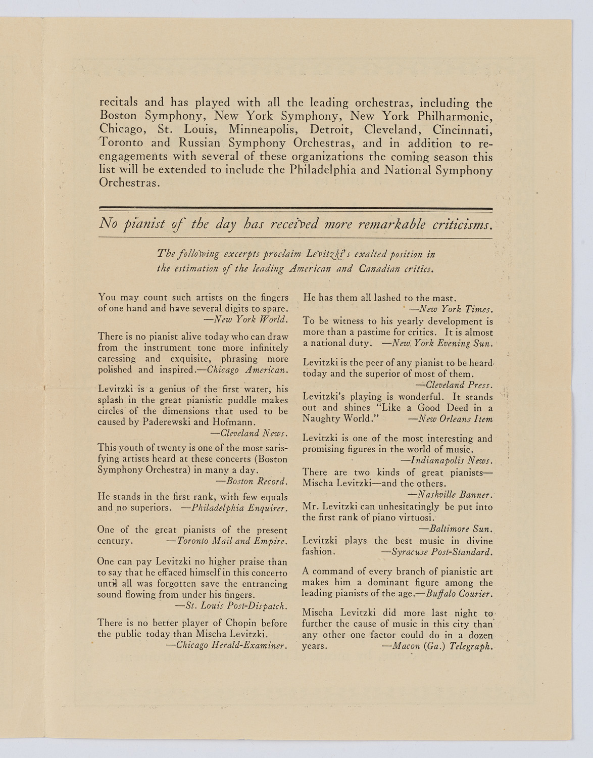 Cancelled Concert: Mischa Levitzki, November 25, 1920