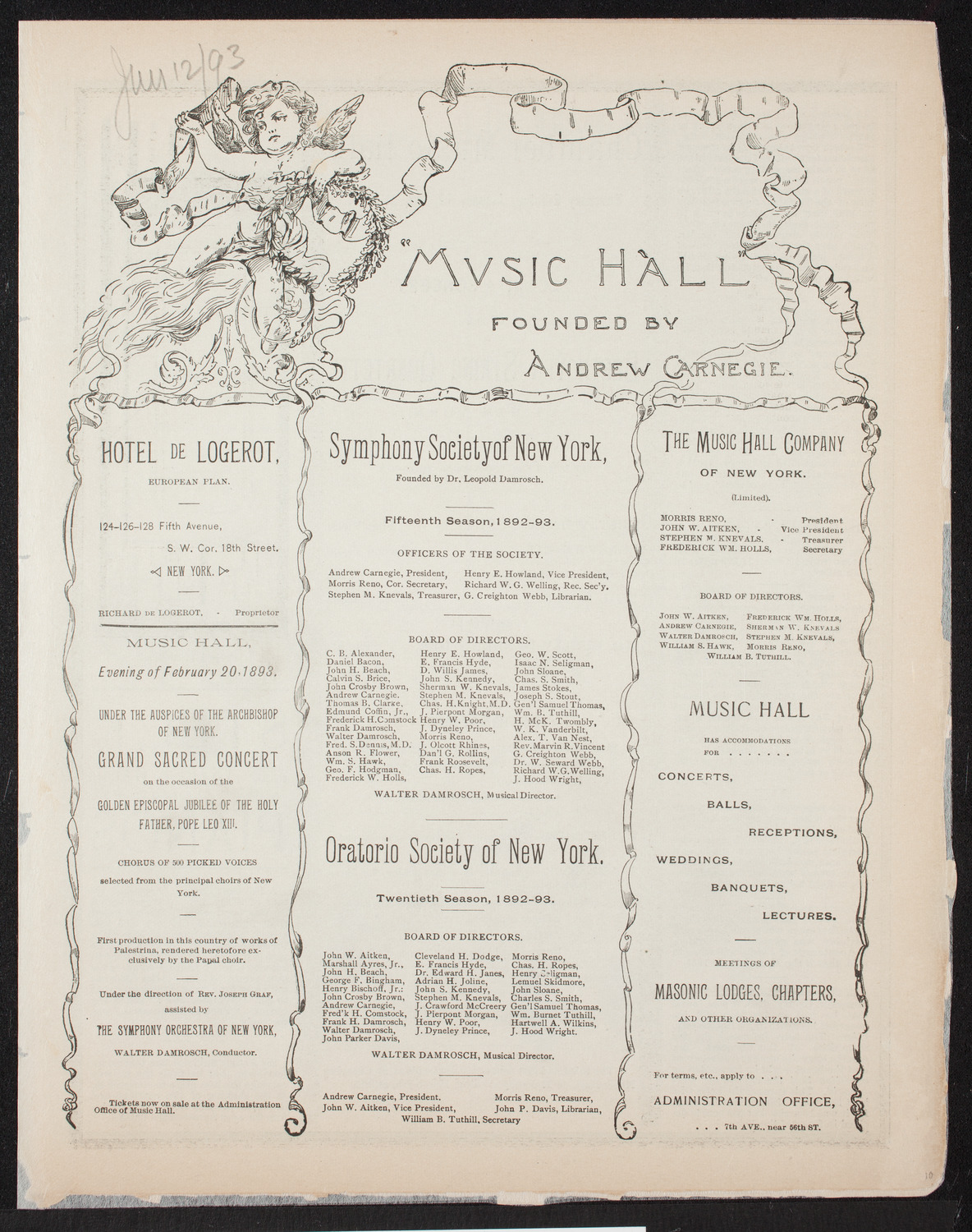 Beethoven String Quartet, January 12, 1893, program page 1