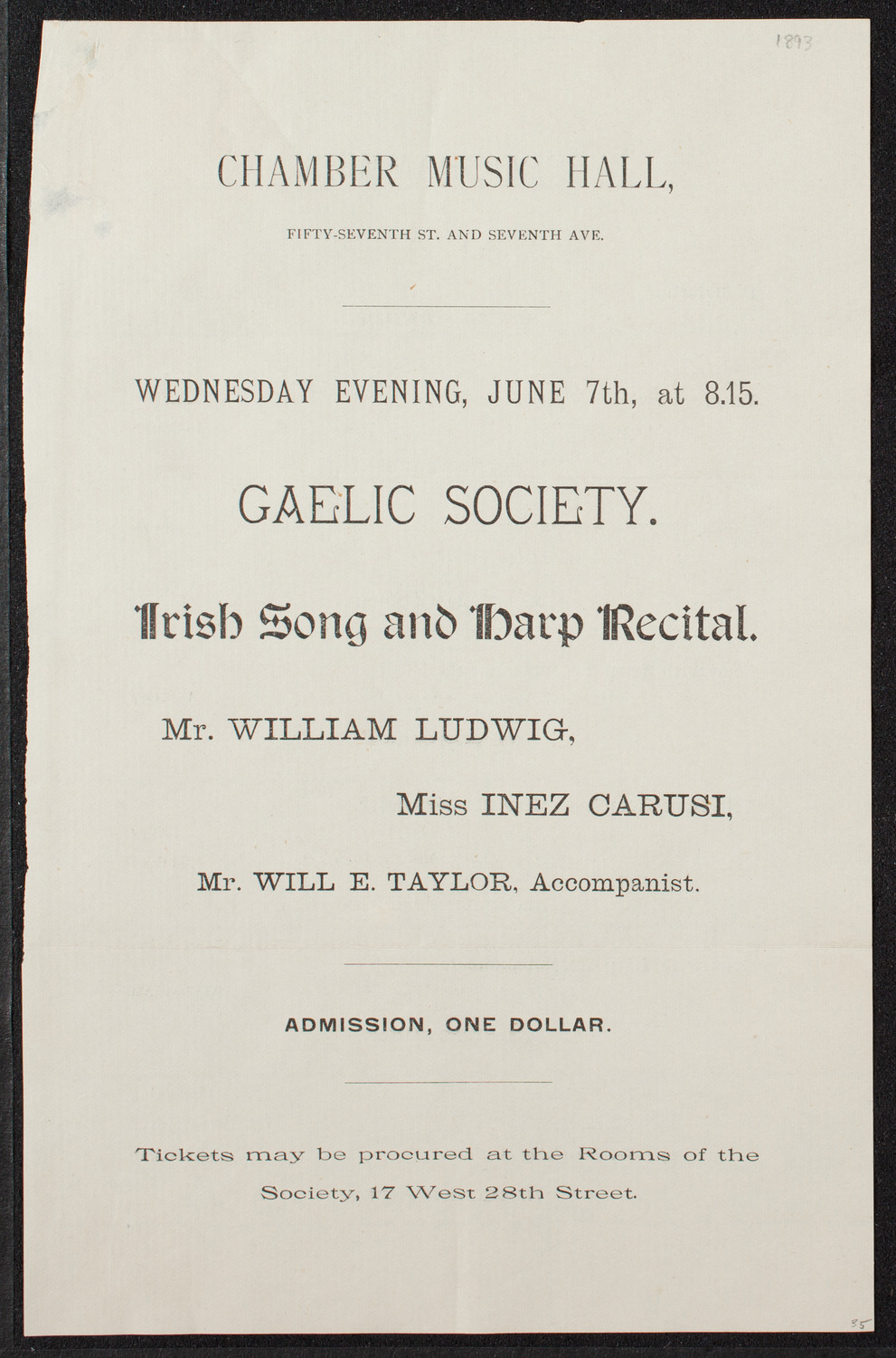 Gaelic Society Irish Song and Harp Recital, June 7, 1893, program page 1