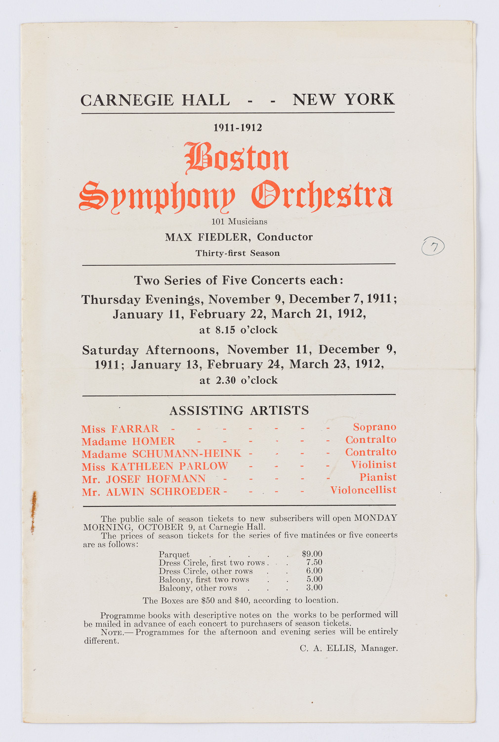 Boston Symphony Orchestra, 1911-1912