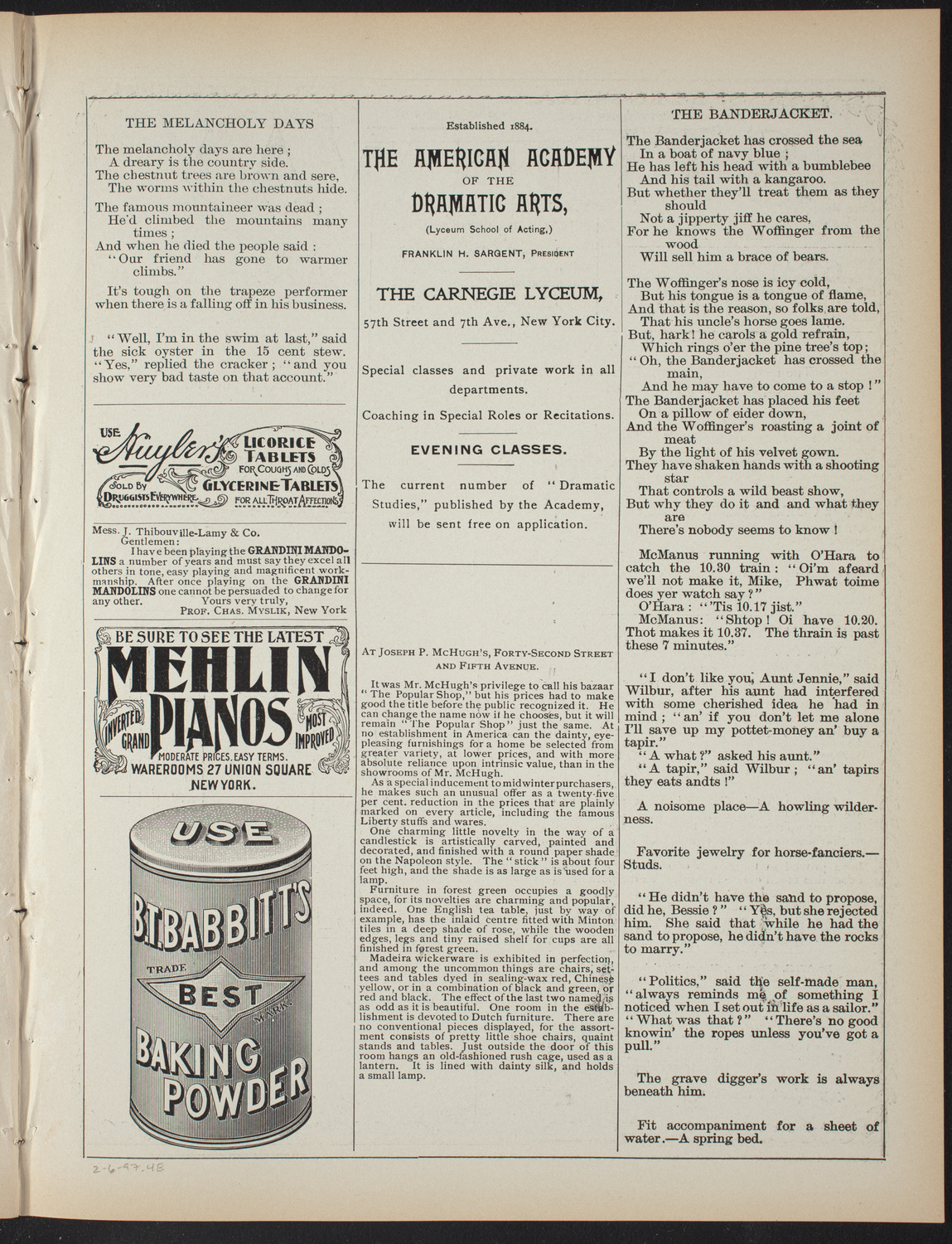 Benefit: House of the Holy Comforter (Free Home for Incurables), February 6, 1897, program page 7