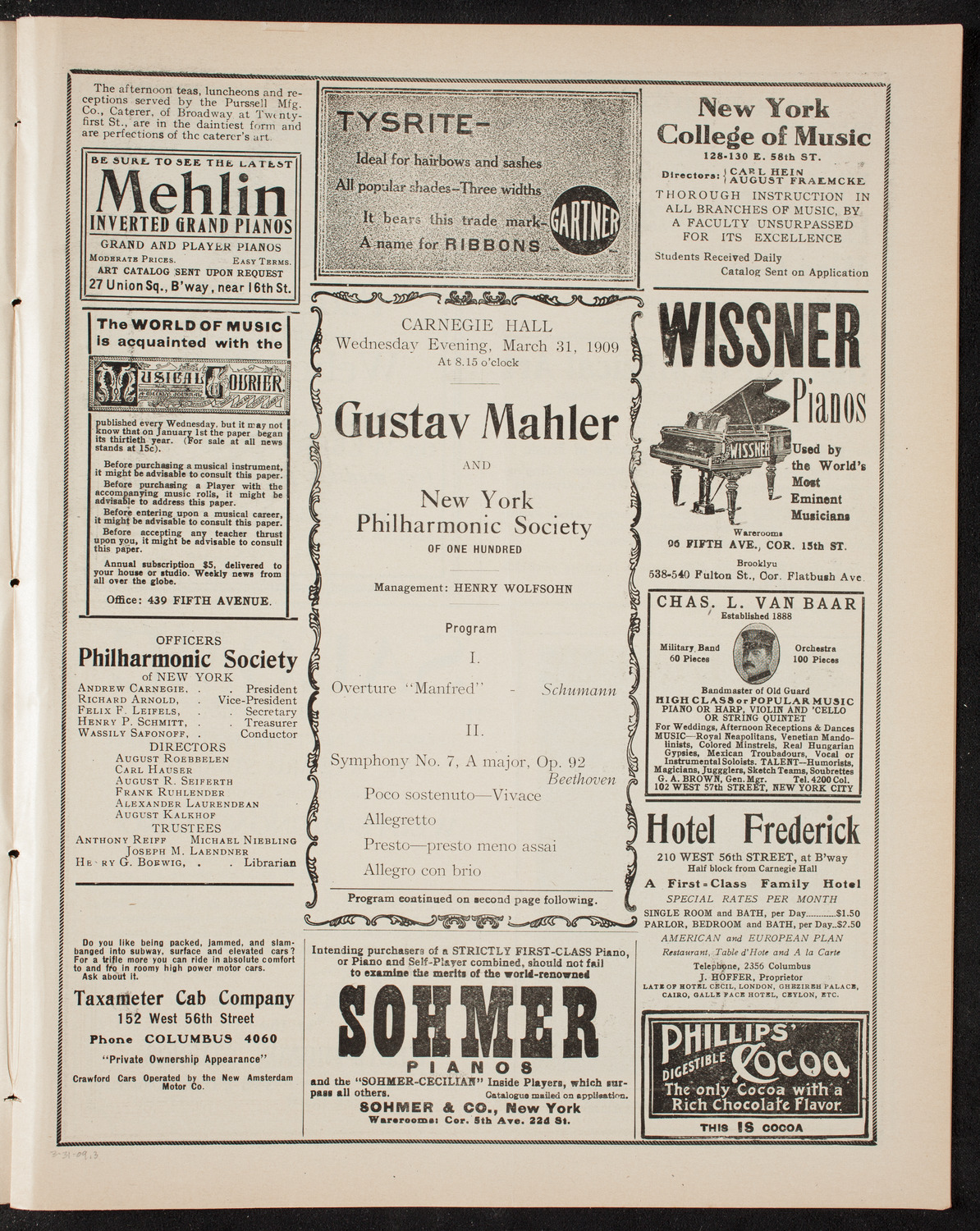 Gustav Mahler and New York Philharmonic, March 31, 1909, program page 5
