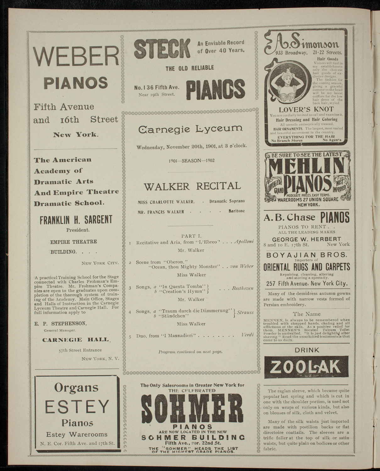 Recital by Miss Charlotte Walker, November 20, 1901, program page 2