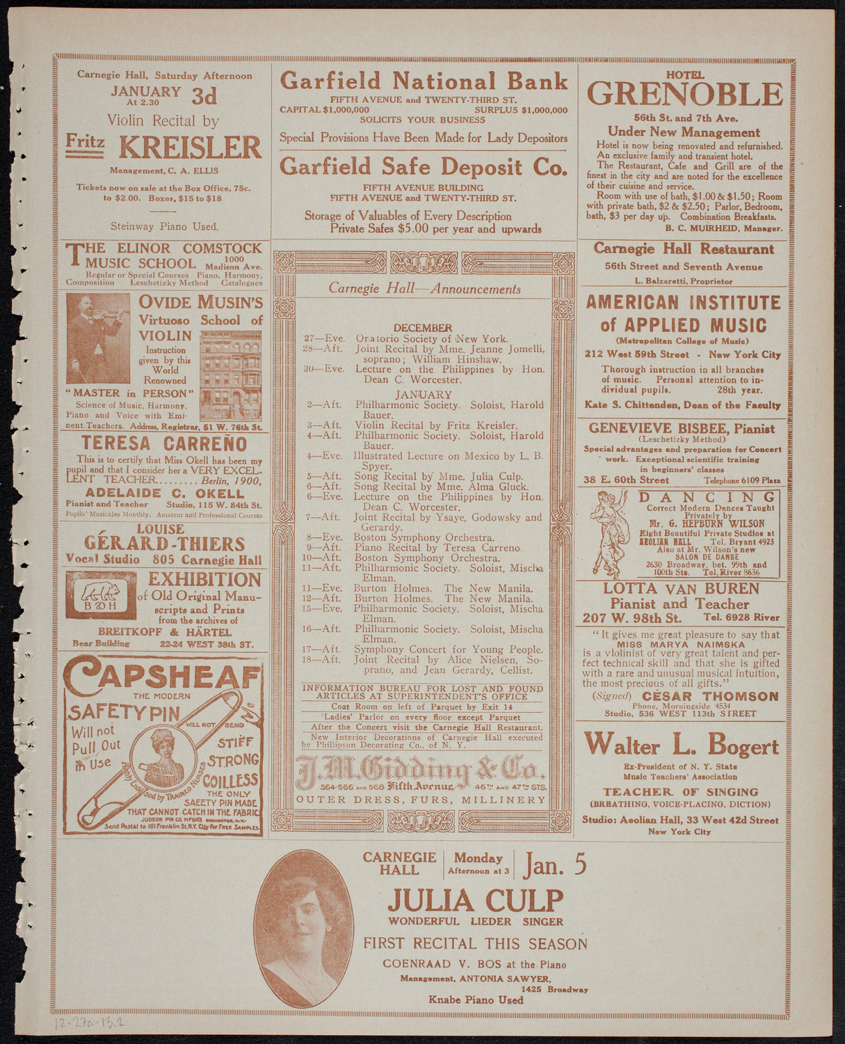 Eugène Ysaÿe, Violin, December 27, 1913, program page 3