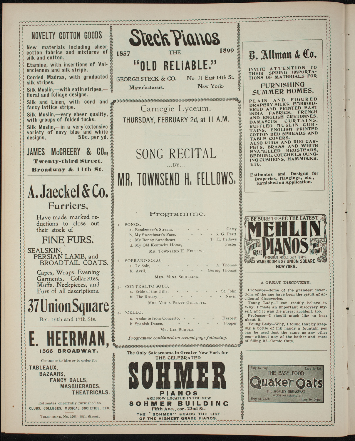 Townsend H. Fellows and Others, February 2, 1899, program page 4