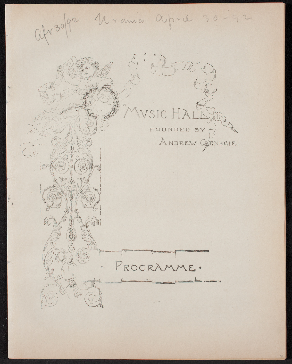 Urania Scientific Theatre, April 30, 1892, program page 1