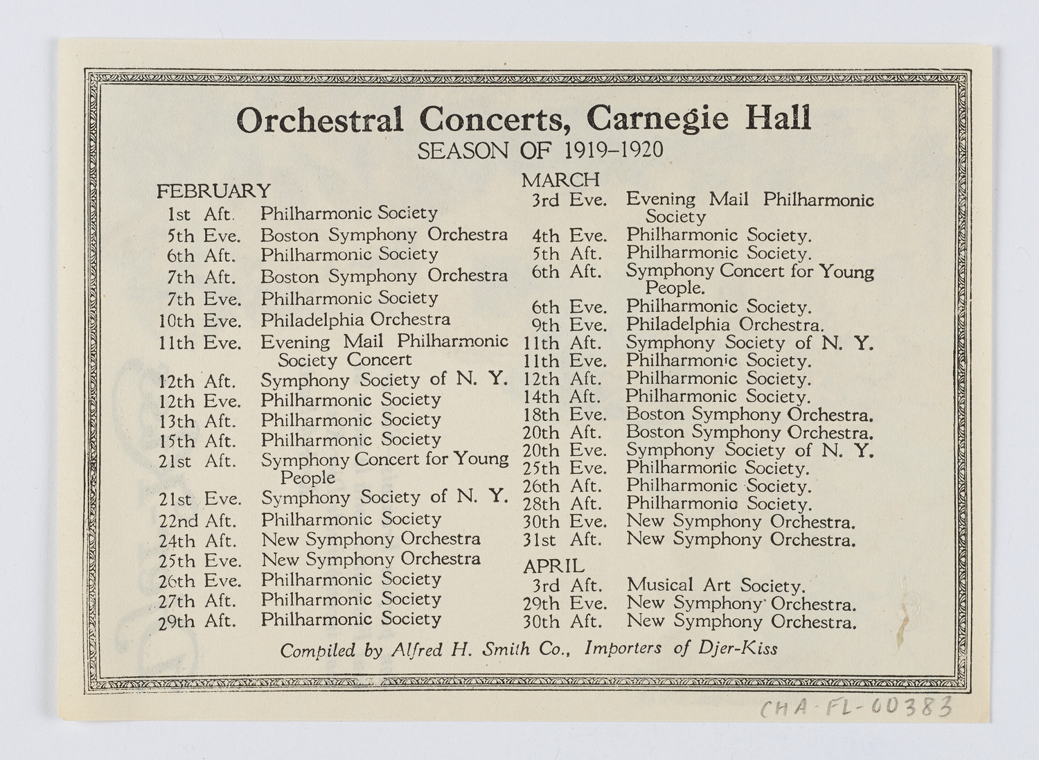 Djer-Kiss Cosmetics Orchestral Concert Schedules, 1920