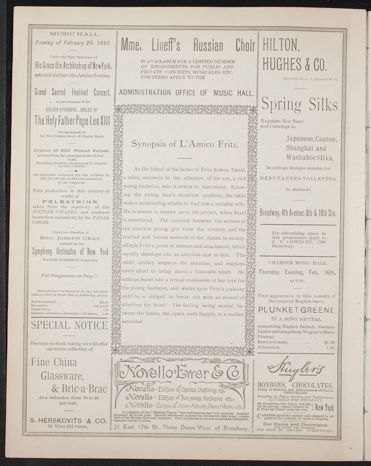 Opera: L'amico Fritz, January 31, 1893, program page 6