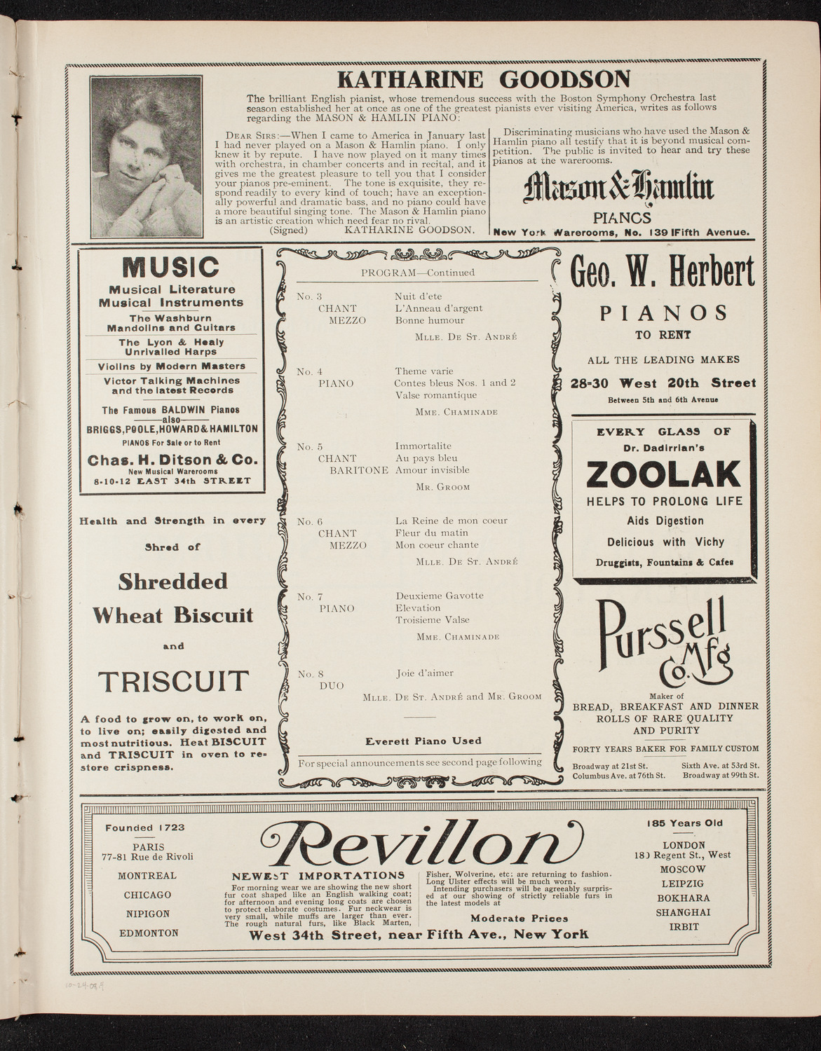 Cécile Chaminade, Composer and Pianist, October 24, 1908, program page 7