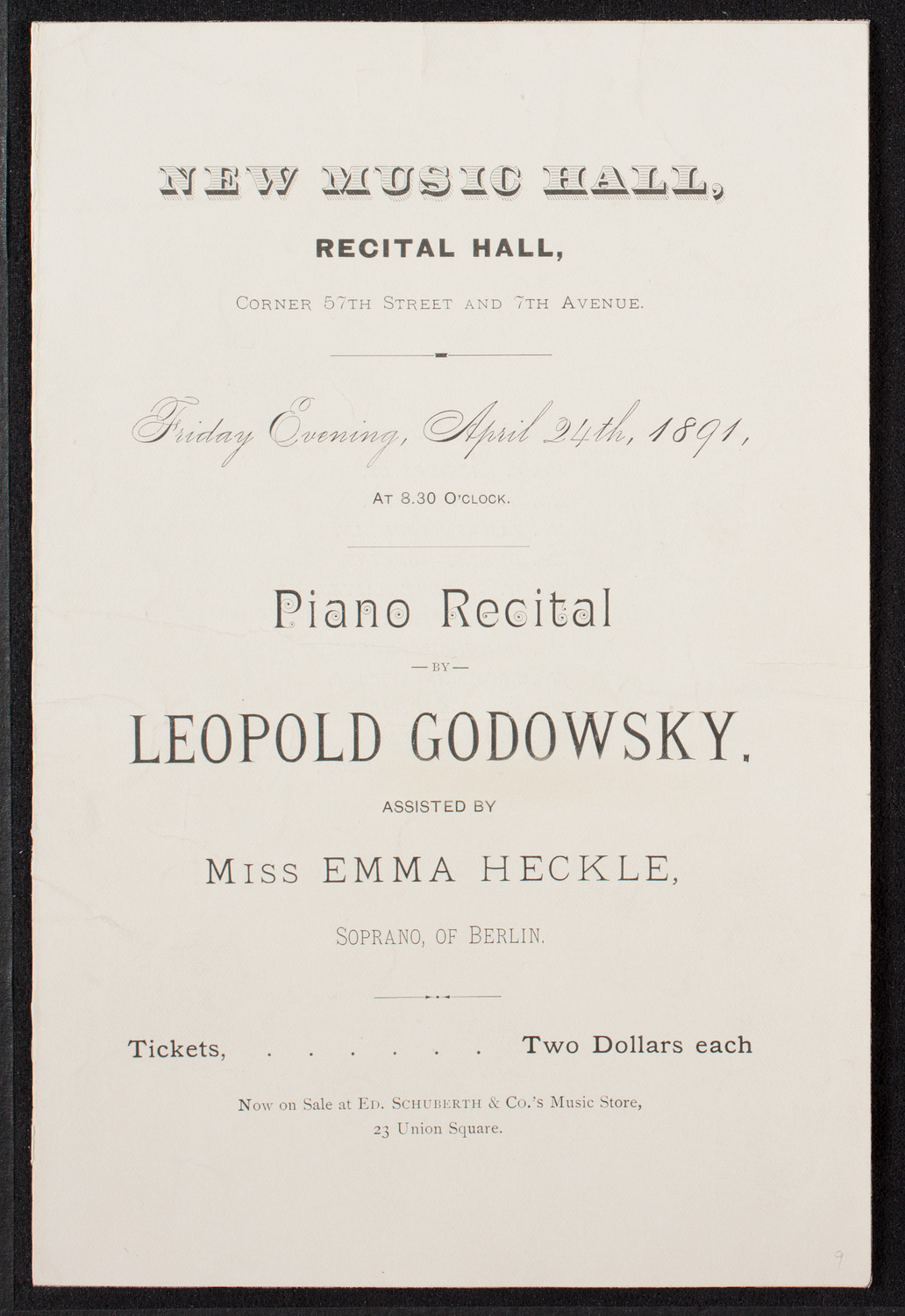 Leopold Godowsky, Piano, April 24, 1891, program page 1