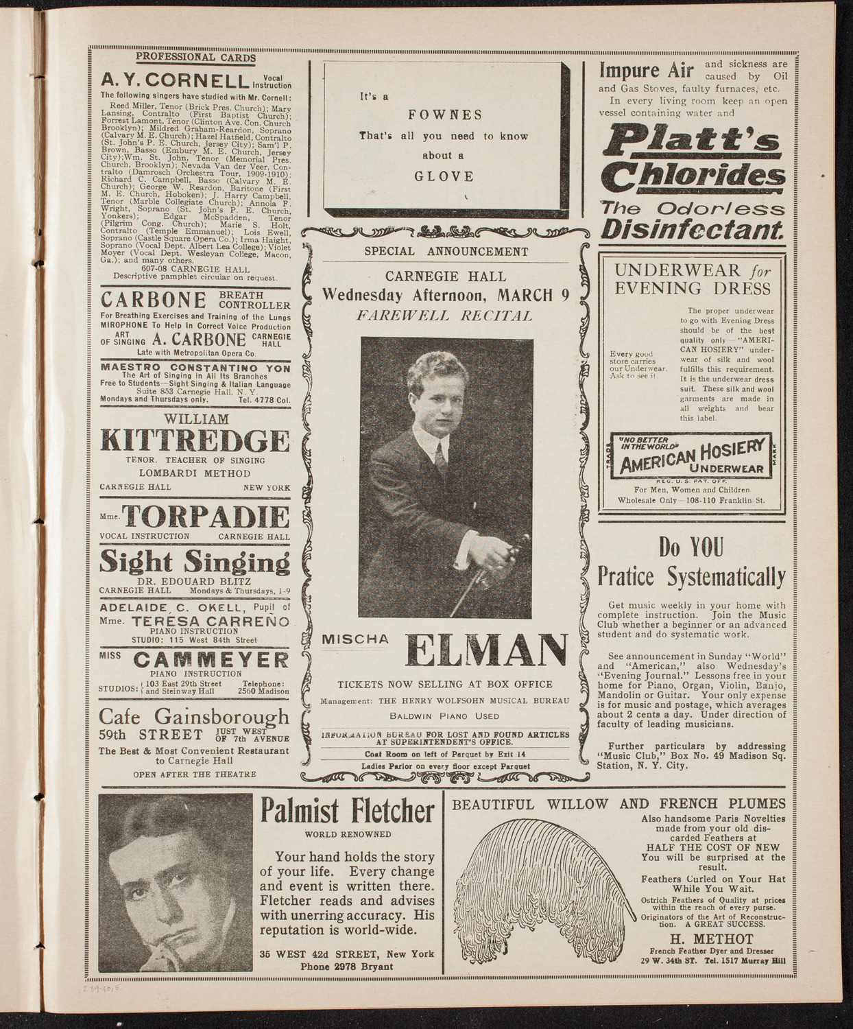Mischa Elman, Violin, February 19, 1910, program page 9
