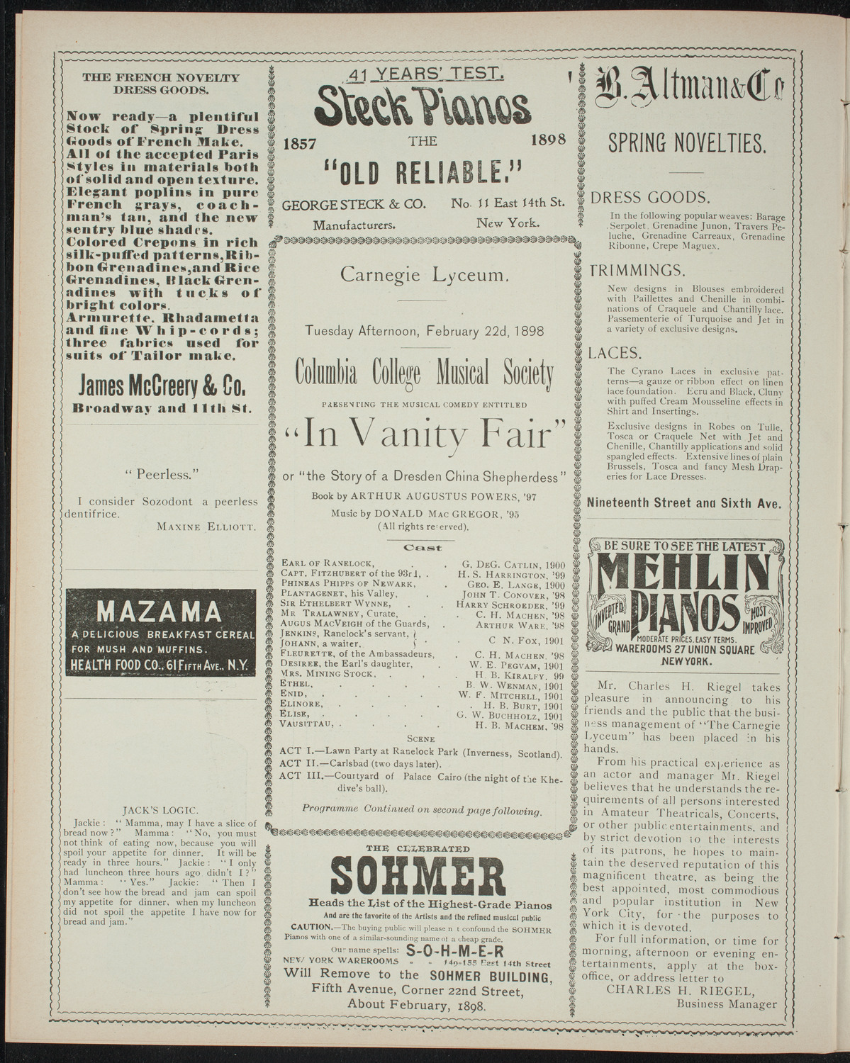 Columbia College Musical Society, February 22, 1898, program page 4