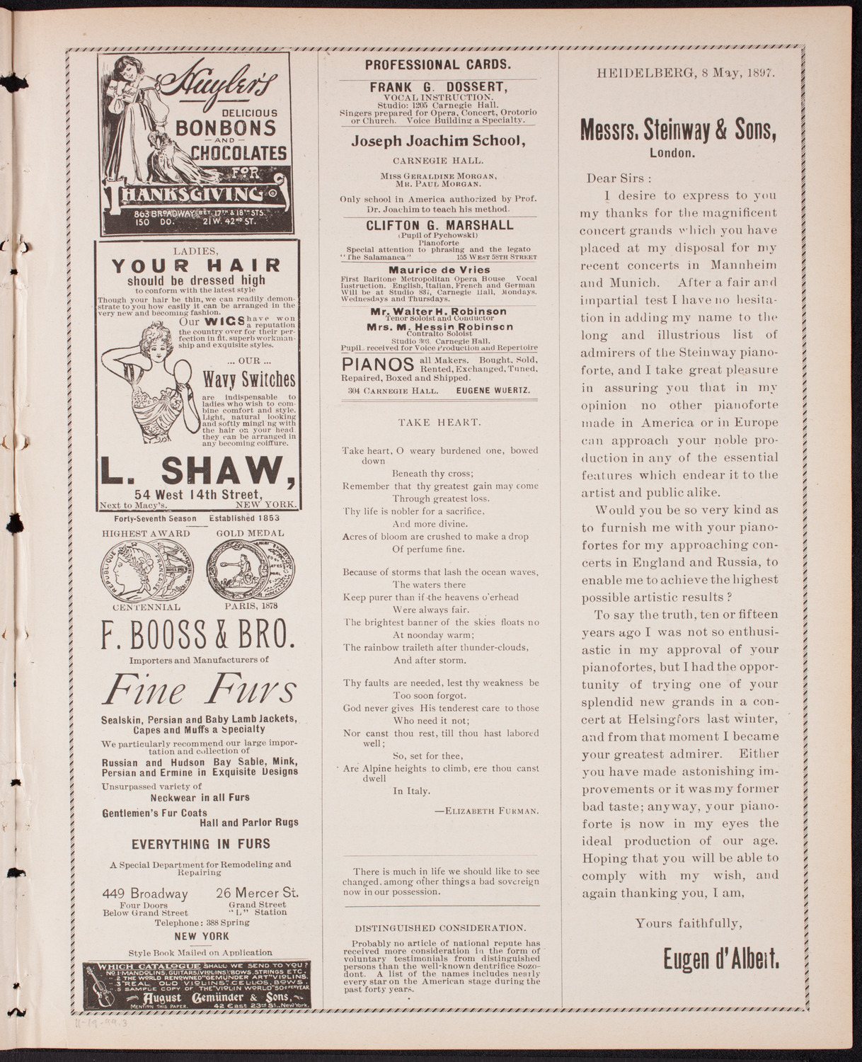 Kaltenborn Orchestra, November 19, 1899, program page 5