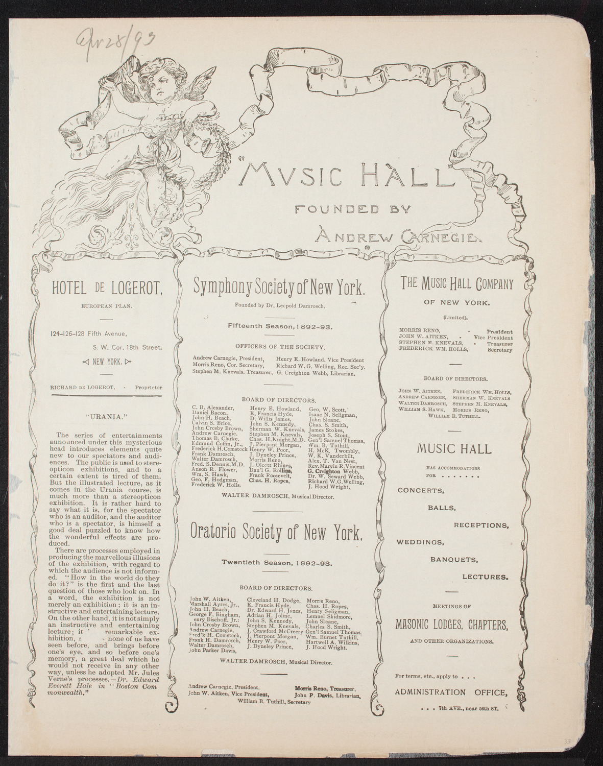 Van Rensselaer Wheeler and Others, April 28, 1893, program page 1