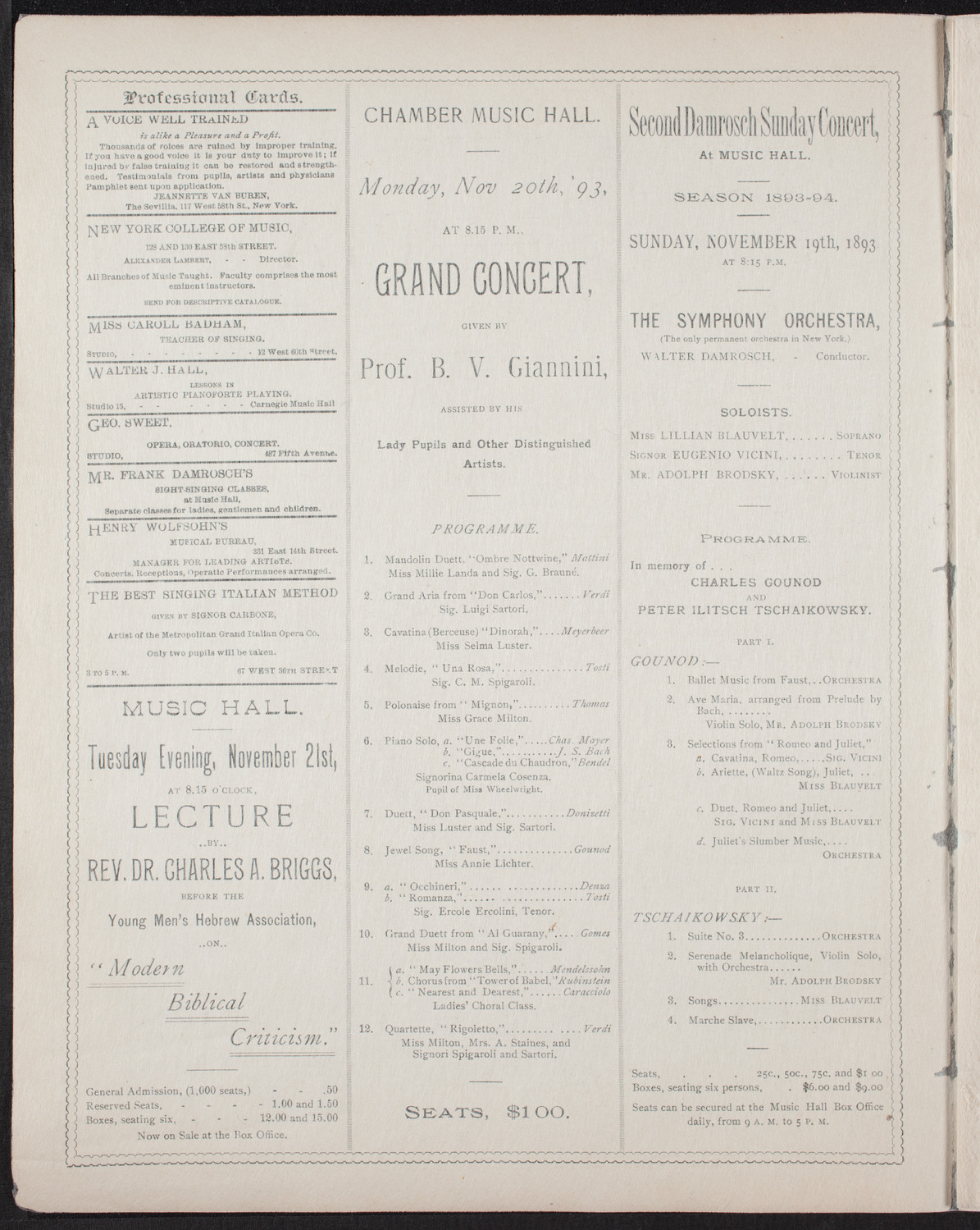 Adelina Patti with Orchestra, November 18, 1893, program page 2