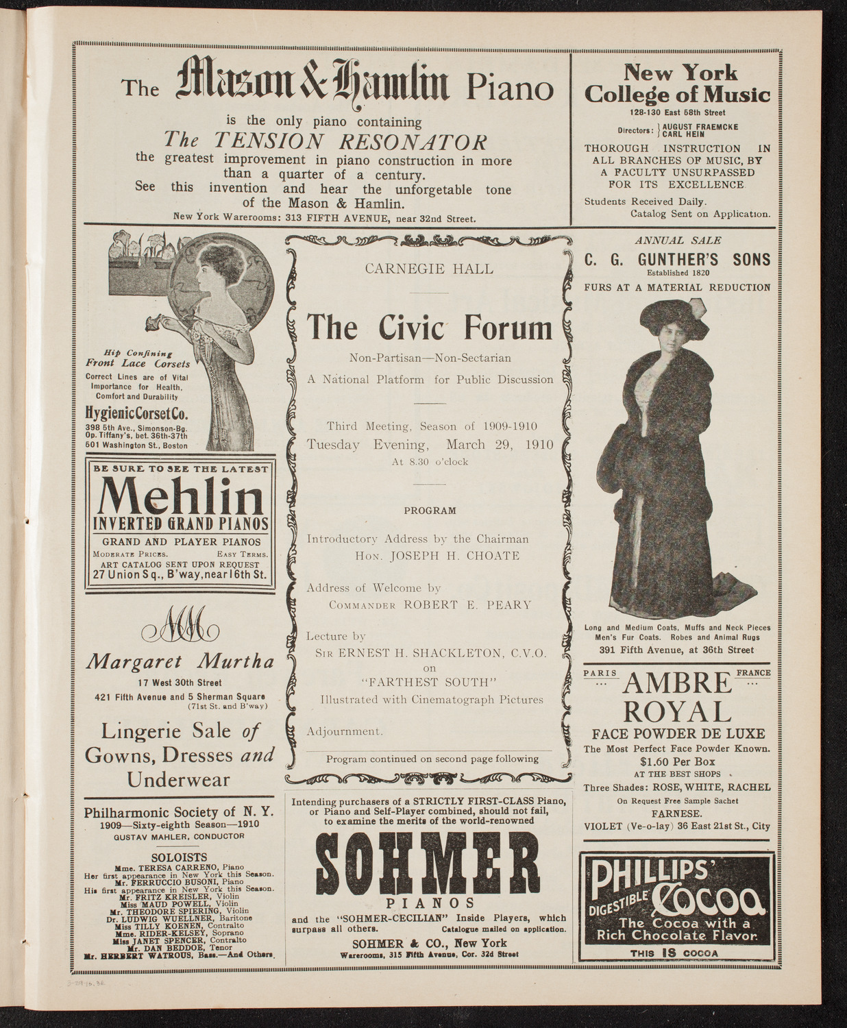 The Civic Forum, featuring Sir Ernest Shackleton, March 29, 1910, program page 5
