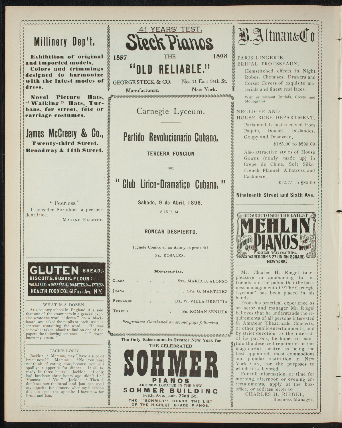 Club Lirico-Dramatico Cubano, April 9, 1898, program page 4