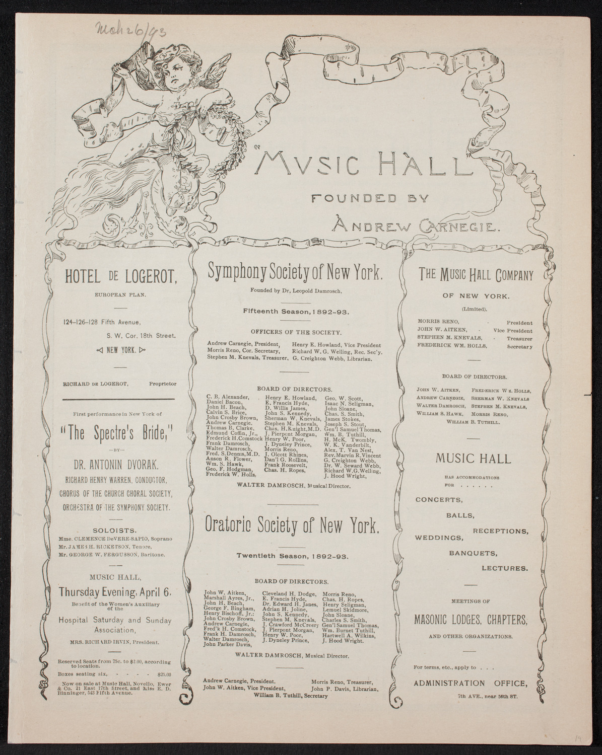 New York Symphony Orchestra and Madame Lineff's Russian Choir, March 26, 1893, program page 1