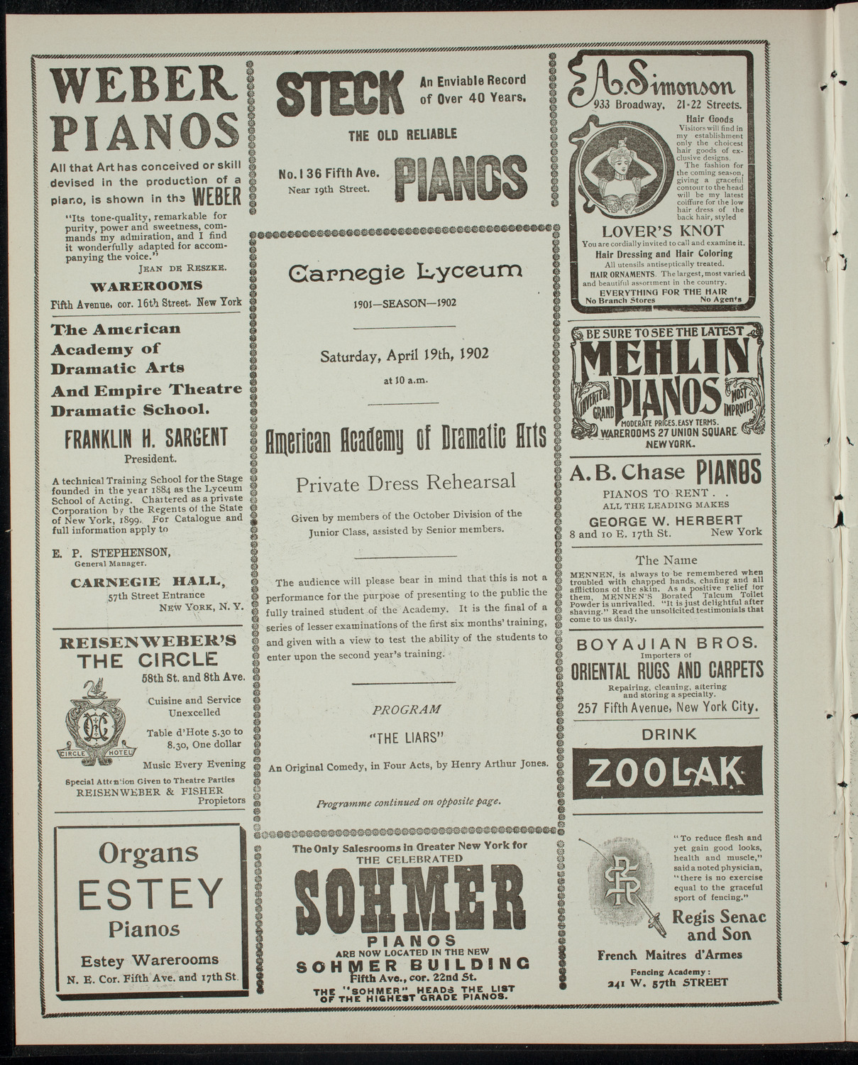 American Academy of the Dramatic Arts Private Dress Rehearsal, April 19, 1902, program page 2