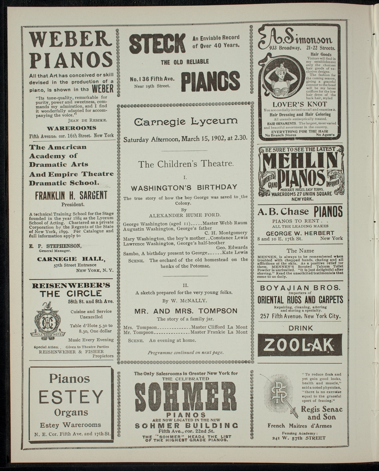 The Children's Theatre, March 15, 1902, program page 2