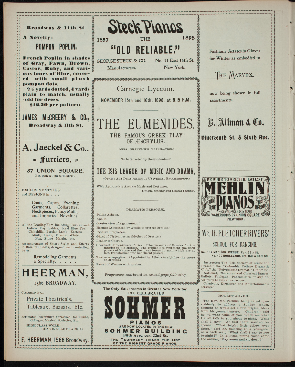 Isis League of Music and Drama Student Production, November 15, 1898, program page 4