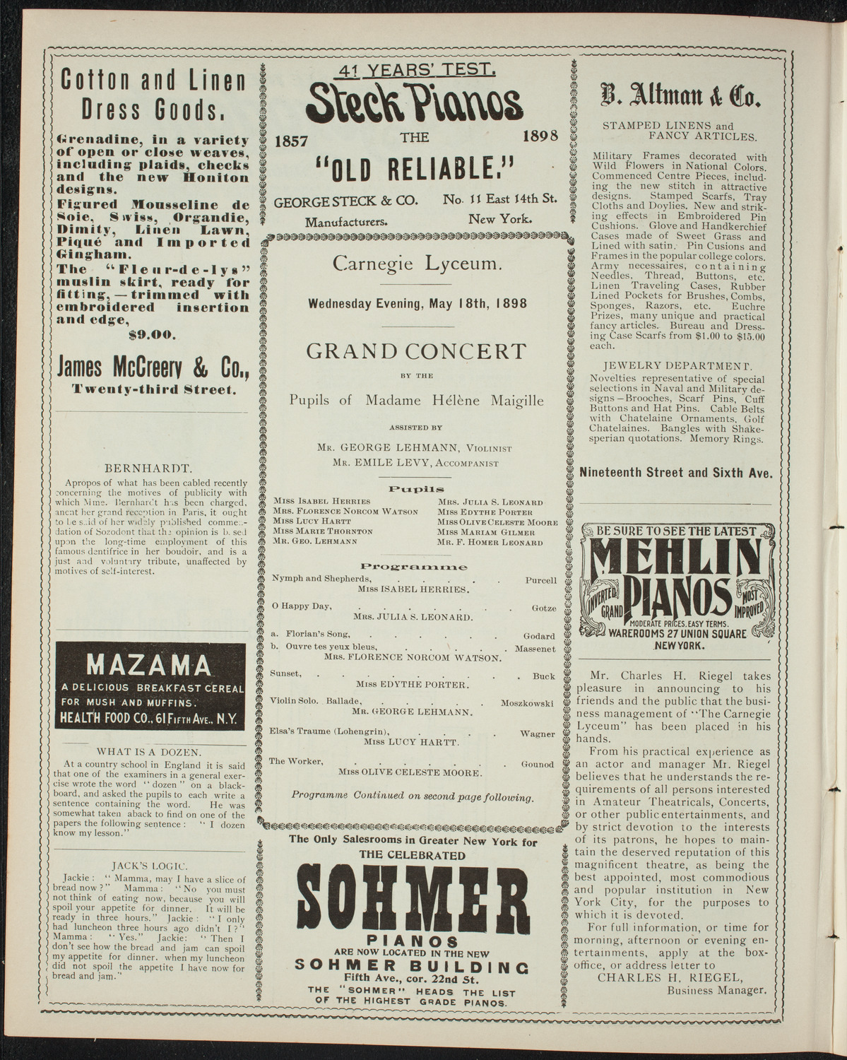 Students of Helene Maigille, May 18, 1898, program page 4