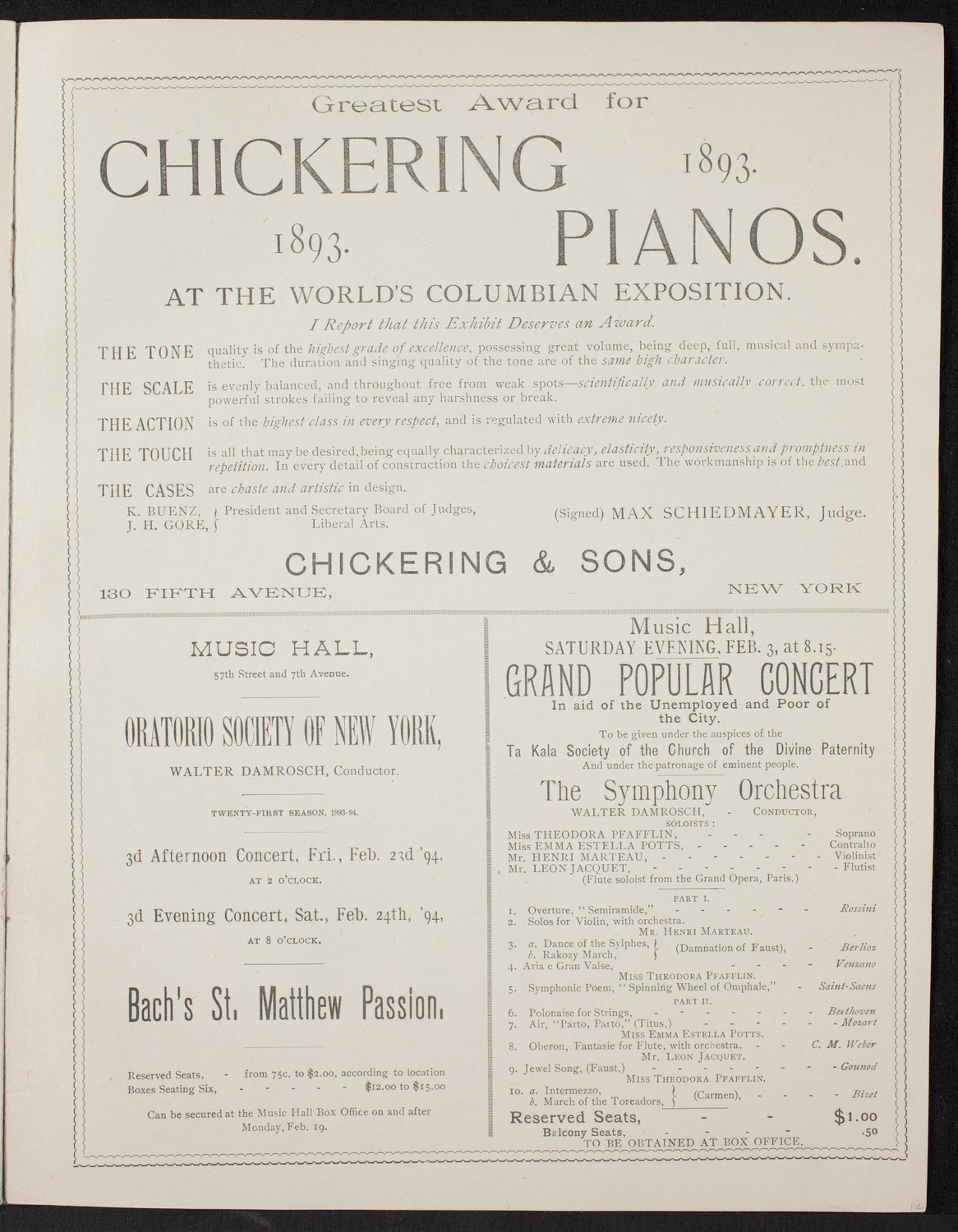 Damrosch Sunday Concert, January 28, 1894, program page 7