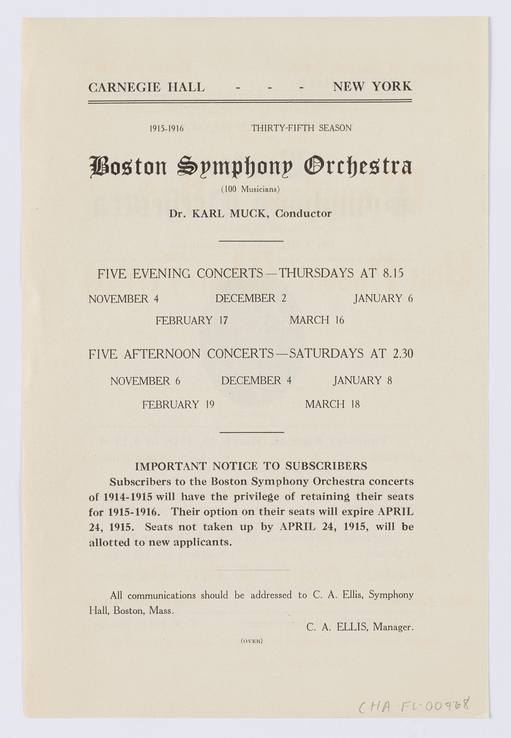 Boston Symphony Orchestra, March 1915