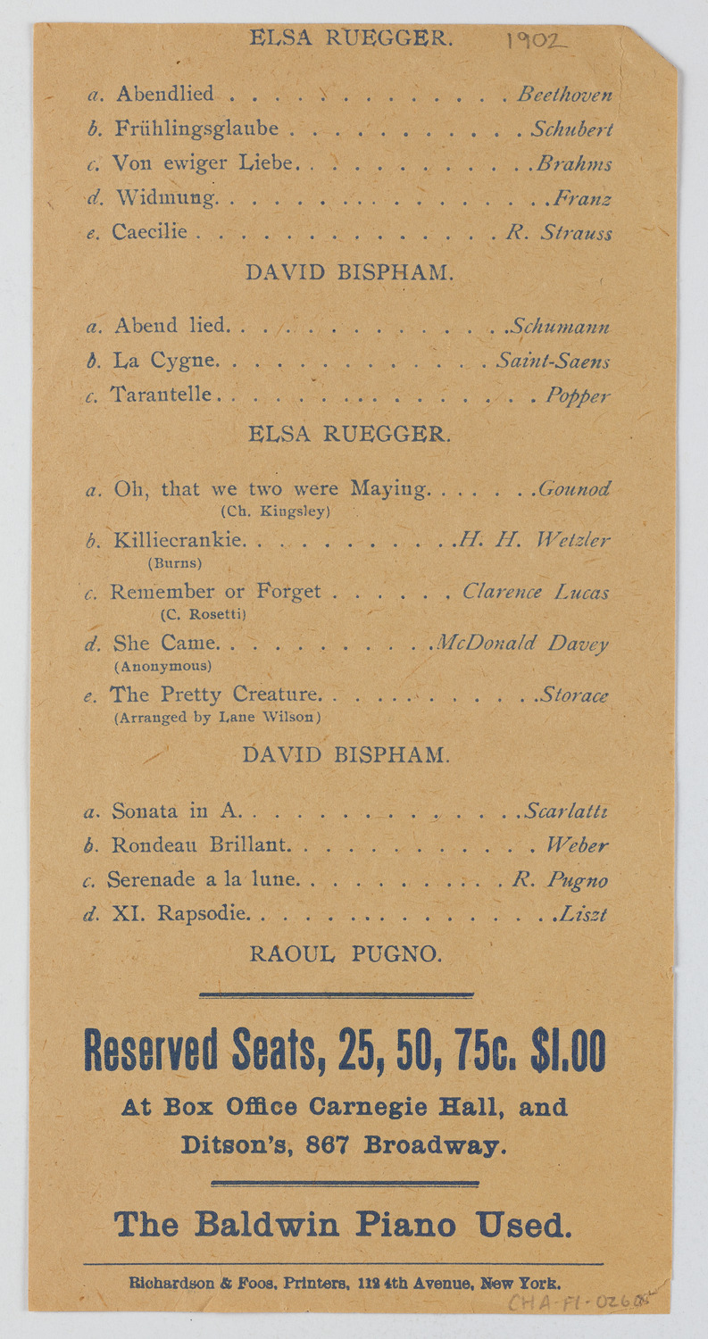 Raoul Pugno/ Elsa Ruegger/ David Bispham, December 21, 1902