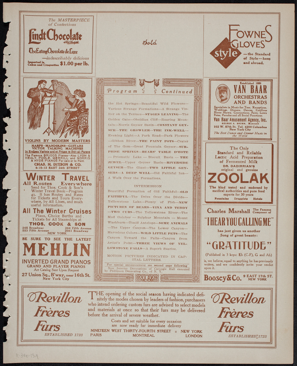 Elmendorf Lecture: Yellowstone Park, November 30, 1913, program page 7