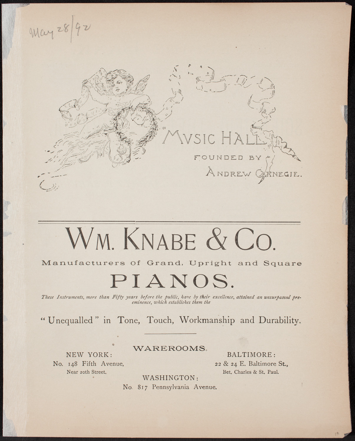 Urania Scientific Theatre, May 28, 1892, program page 1