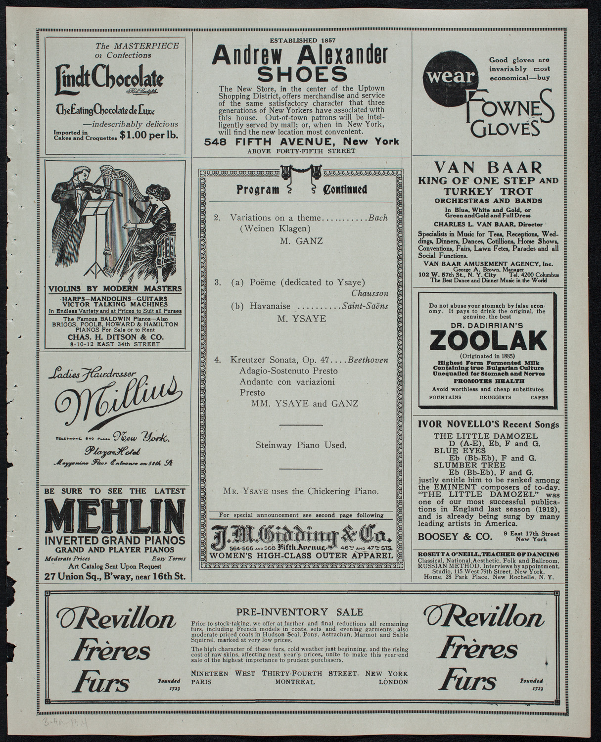 Eugène Ysaÿe, Violin, and Rudolph Ganz, Piano, March 4, 1913, program page 7