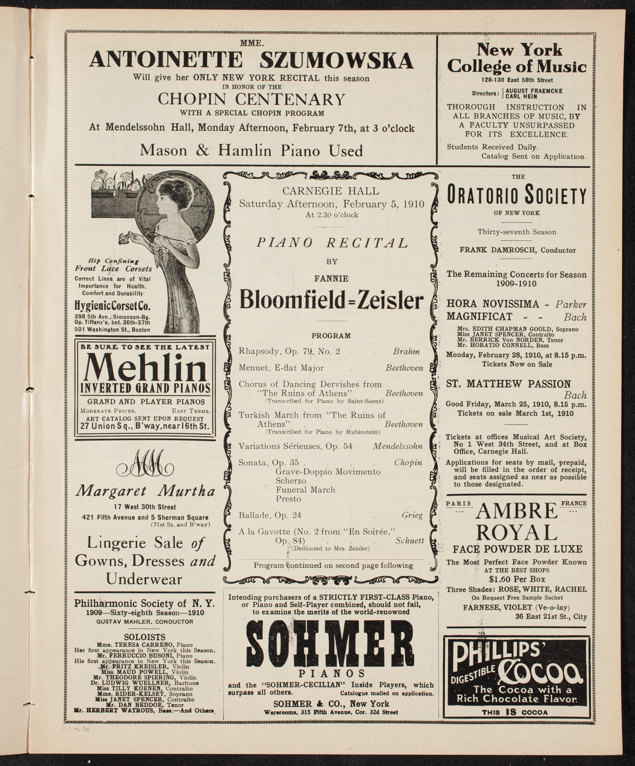 Fannie Bloomfield Zeisler, Piano, February 5, 1910, program page 5