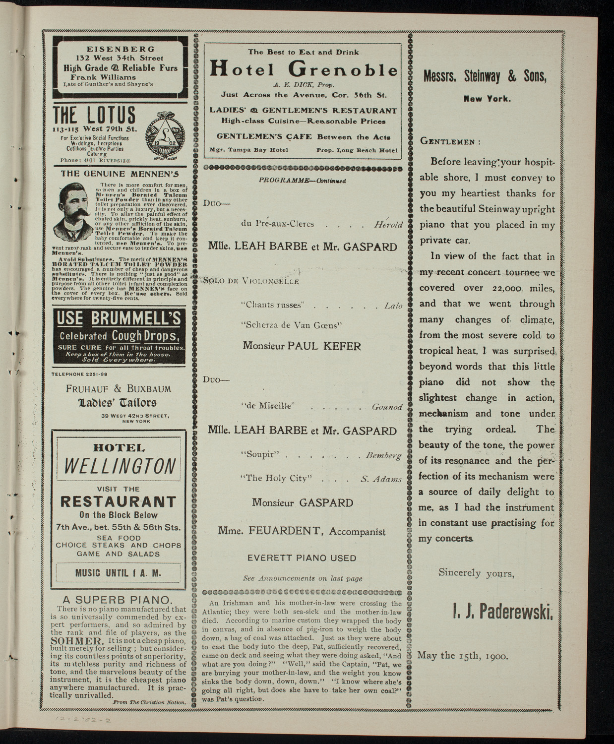 Monsieur Gaspard with Leah Barbe and Paul Kefer, December 2, 1902, program page 3