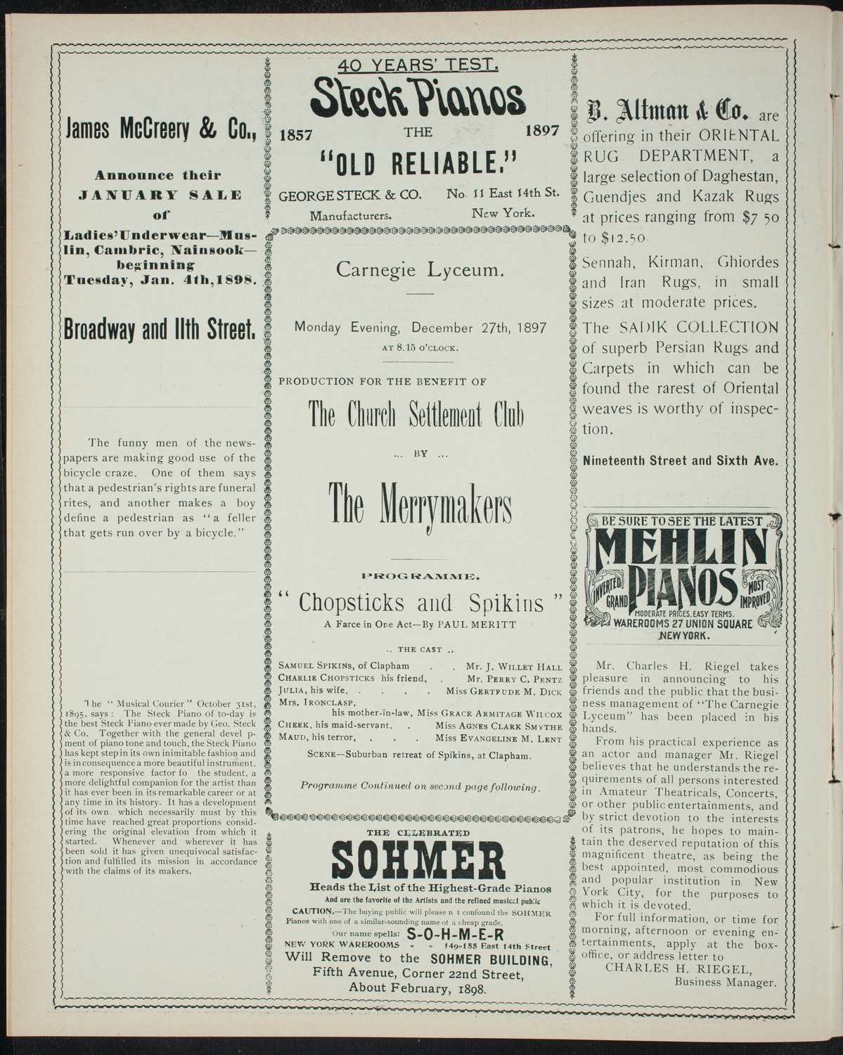 Benefit Performance for the Church Settlement Club featuring The Merrymakers, December 27, 1897, program page 4