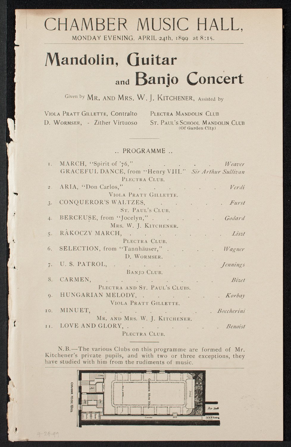 Mandolin, Guitar and Banjo Concert, April 24, 1899, program page 1