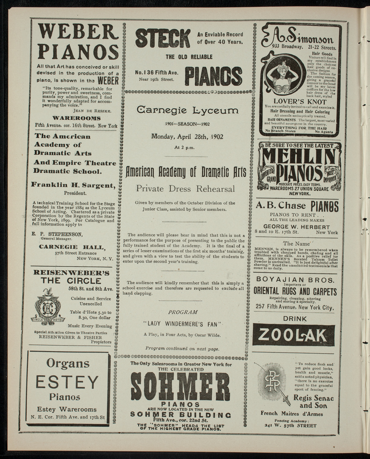 American Academy of the Dramatic Arts Private Dress Rehearsal, April 28, 1902, program page 2