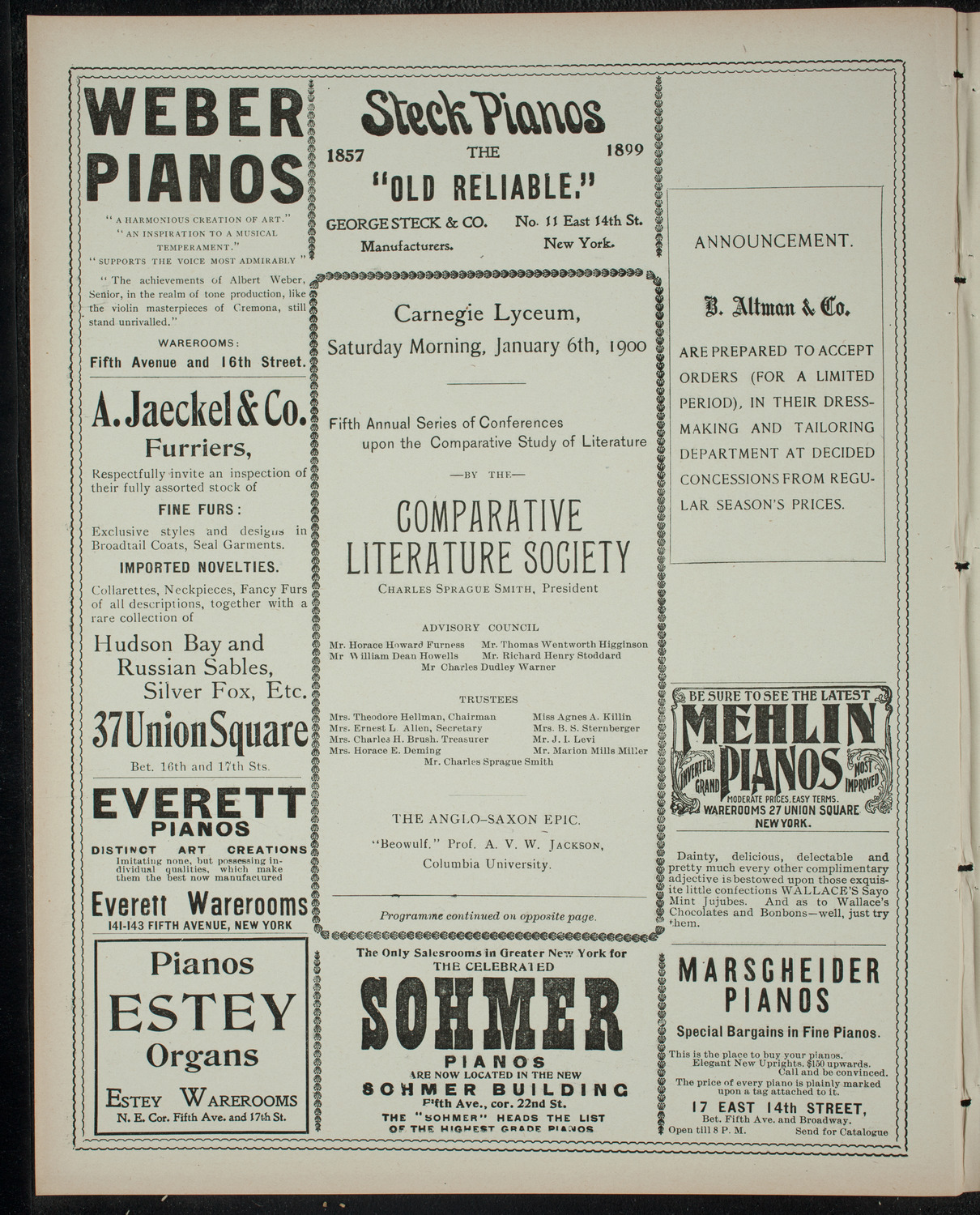 Comparative Literature Society, January 6, 1900, program page 2