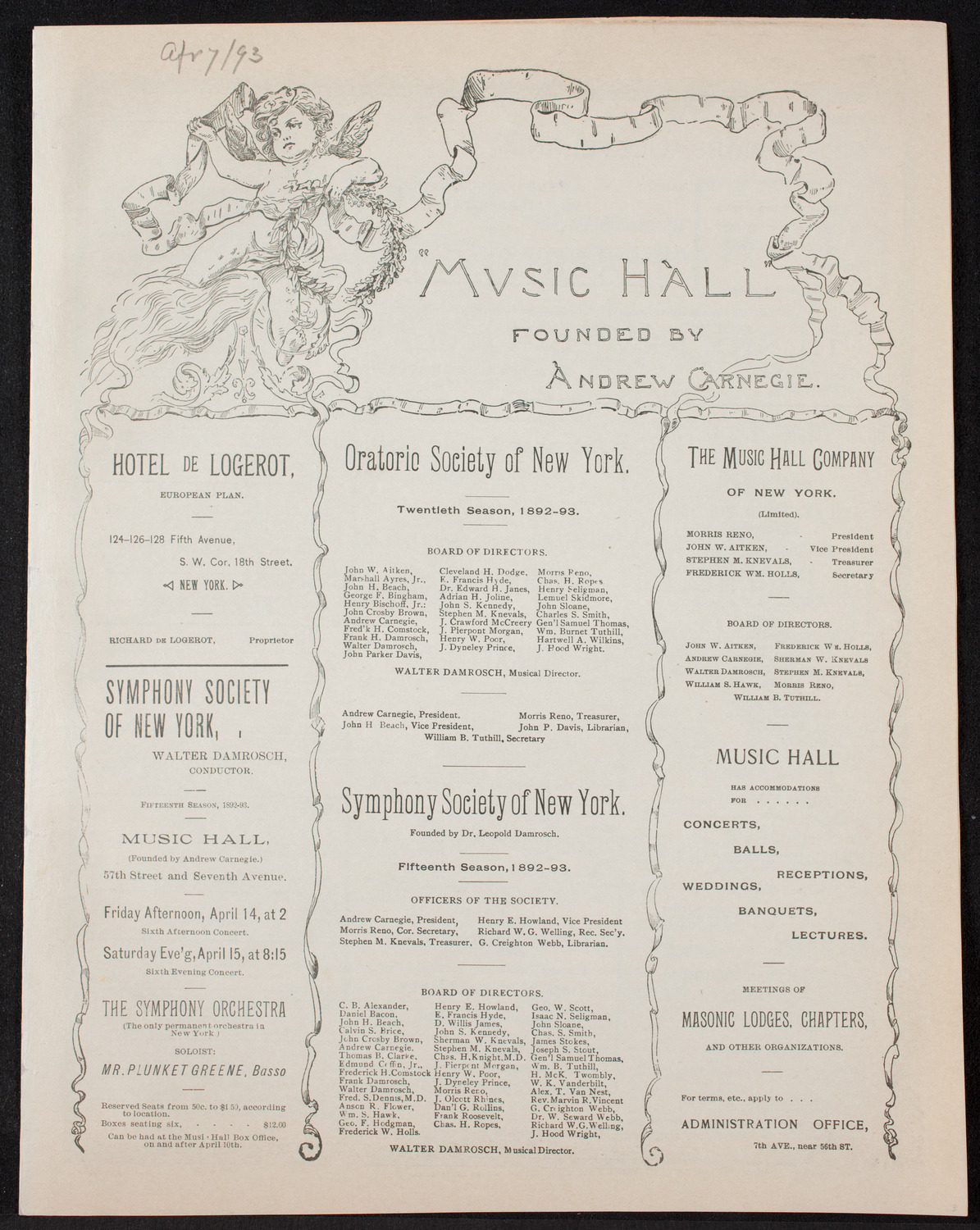 Oratorio Society of New York, April 7, 1893, program page 1