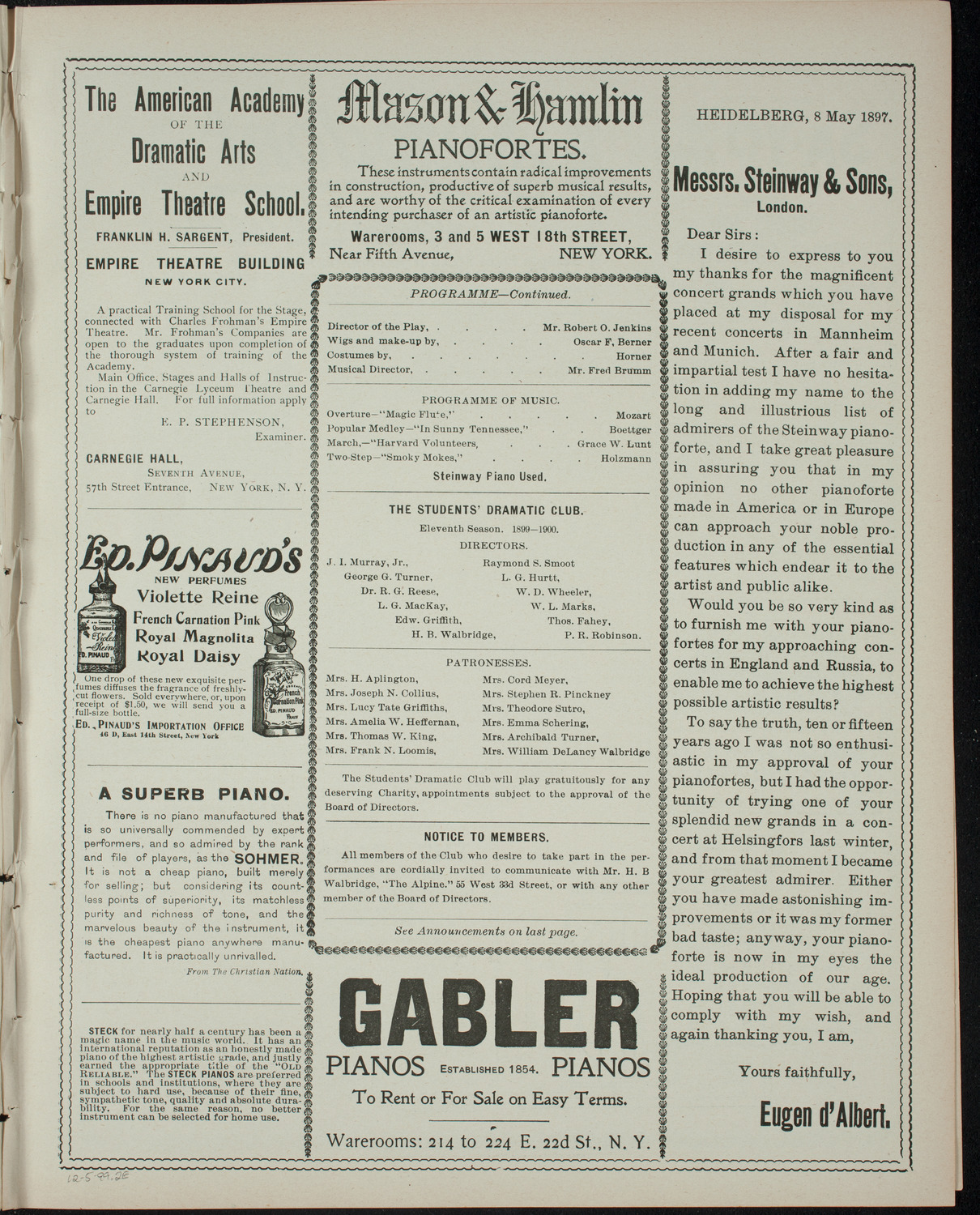 The Student's Dramatic Club, December 5, 1899, program page 3