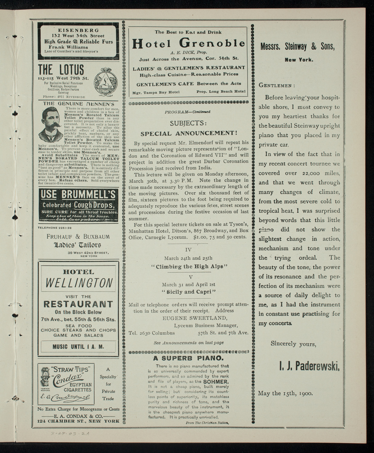 Elmendorf Lecture: Climbing the High Alps, March 24, 1903, program page 3