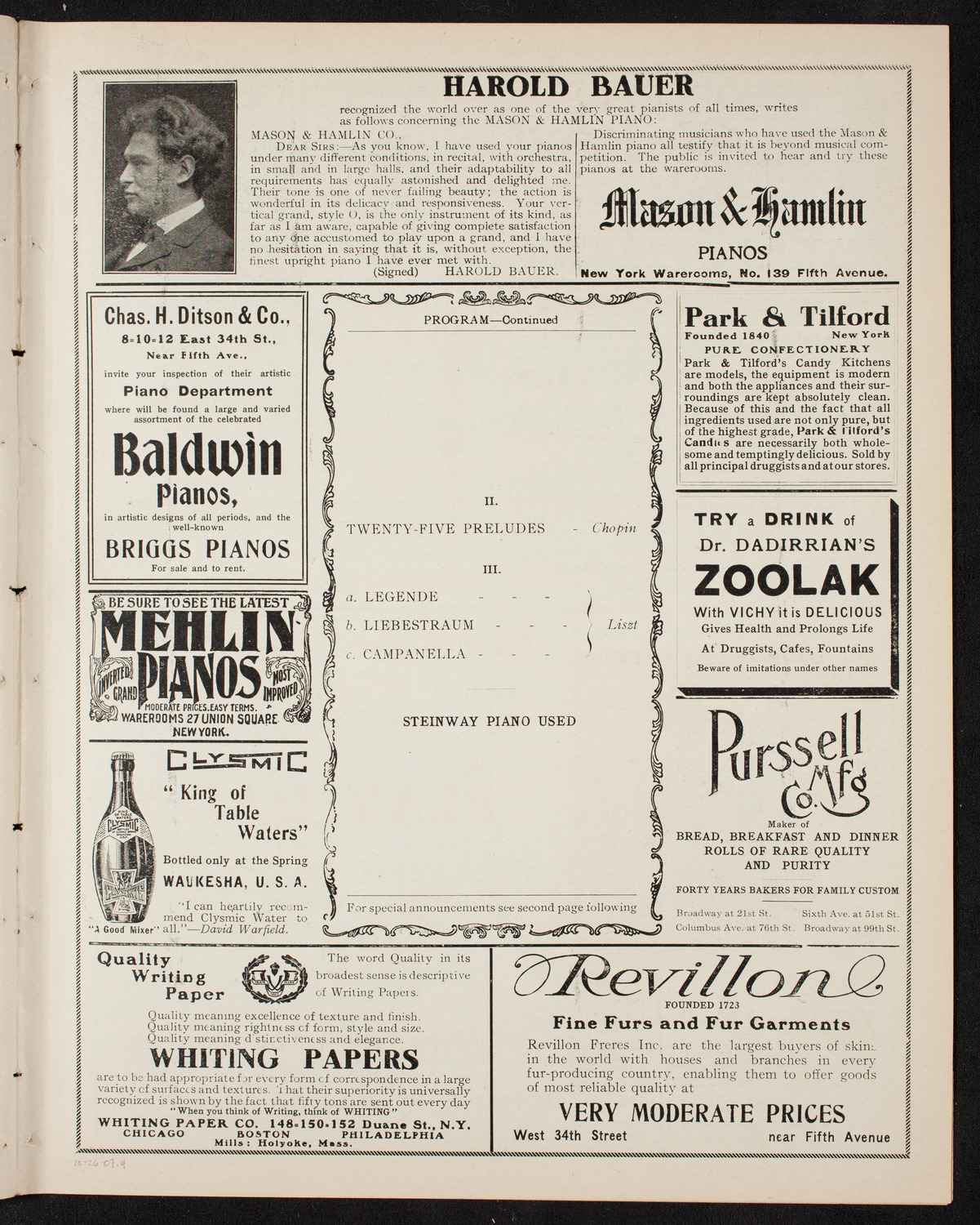 Josef Hofmann, Piano, October 26, 1907, program page 7